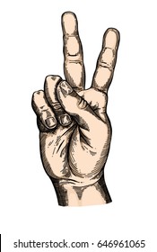 Hand gesture sketch. Illustration isolated on white background. Engraving style. Peace symbol.