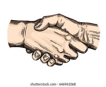 Hand gesture sketch. Illustration isolated on white background. Engraving style. Handshake