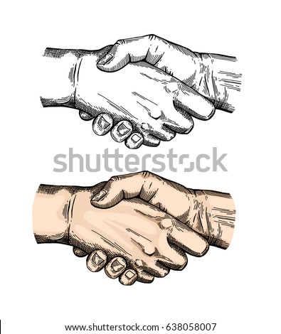 Hand gesture sketch. Illustration isolated on white background. Engraving style. Handshake