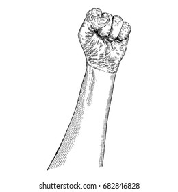 Hand gesture sketch. Man wrist illustration isolated on white background. Hand drawn engraving style of male raise high up fist. Vector.