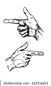 Hand gesture sketch set. Finger-pointing symbol. Illustration isolated on white background. Engraving style