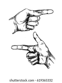 Hand gesture sketch set. Finger-pointing symbol. Illustration isolated on white background. Engraving style