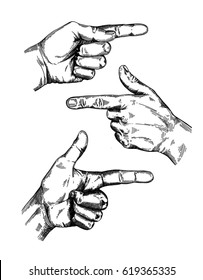 Hand gesture sketch set. Finger-pointing symbol. Illustration isolated on white background. Engraving style