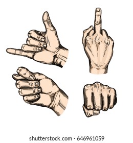 Hand gesture sketch set. Illustration isolated on white background. Engraving style 