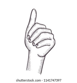 Hand gesture sketch. Thumbs up symbol. Illustration isolated on white background Template for poster, logo, web, retro card design. Engraving style