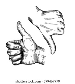 Hand gesture sketch. Thumbs up symbol. Illustration isolated on white background Template for poster, logo, web, retro card design. Engraving style 