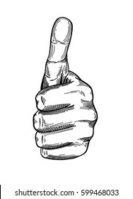 Hand gesture sketch. Thumbs up symbol. Illustration isolated on white background Template for poster, logo, web, retro card design. Engraving style