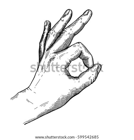 Hand gesture sketch. Zero sign or okay symbol. Illustration isolated on white background Template for poster, logo, web, retro card design. Engraving style
