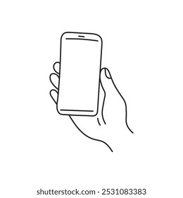 Hand Gesture with Smartphone Line Art. Outline icon. Fingers holding mobile phone with empty screen. Vector illustration