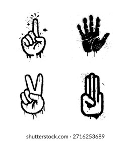 Iconos del graffiti de la pintura del espray del gesto de la mano con la tinta que gotea y el estilo de la plantilla