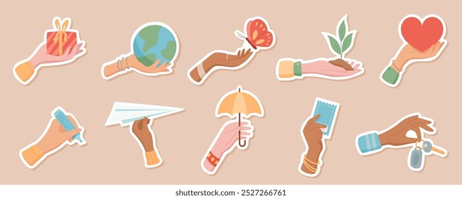Hand gesture sticker set with cartoon graphic style symbols. Diverse person hands hold heart, gift, planet, umbrella and other objects. Ideal for charity, peace, hope, and educational theme in design