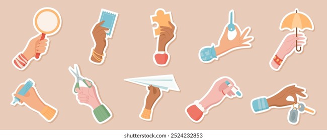 Conjunto de pegatinas de gestos de mano con diversos objetos, incluyendo rompecabezas, paraguas y tijeras. Ilustración de estilo doodle de dibujos animados en diseño plano, adecuada para conceptos gráficos creativos e colección de iconos.