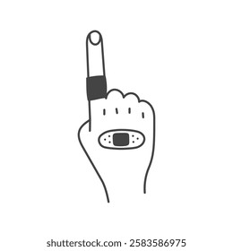 Hand gesture with sticky Plaster. Outline pointer finger sign with adhesive bandage. Quirky doodle health care and first aid symbol. Sketch vector illustration