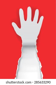 Hand gesture stop with ripped paper. Paper hand silhouette. Gesturing stop on the red paper background, with place for your text or image. Vector illustration.
