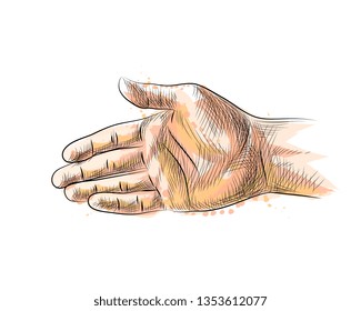 Hand gesture, stretching hand to handshake from a splash of watercolor, hand drawn sketch. Vector illustration of paints