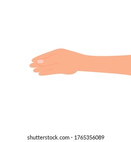 Gesto de mano, estiramiento de mano, vista lateral. Ilustración de color vectorial, diseño de dibujos animados planos, eps 10. Concepto: tira una mano, para un apretón de manos, saludos, ayuda.