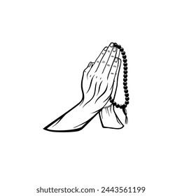 hand gesture of supplication or prayer by holding prayer beads  black and white vector illustration