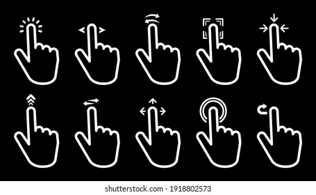 Hand Gesture Swipe big collection icons on black background. Vector illustration.