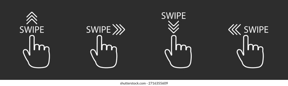 Hand gesture swipe and scroll icon set with finger tap, click, arrow, and navigation interface for mobile app design, vector illustration
