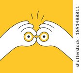 Hand gesture symbolizing binoculars, magnification, looking into the distance, point of view. Vision, prediction, look forward. Flat line vector illustration on yellow.