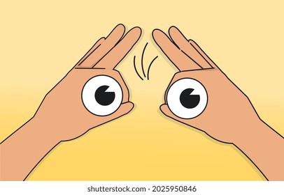 Hand gesture symbolizing binoculars. Magnification of distant object. Optical illusion and look ahead. Design element for poster. Cartoon flat vector illustration isolated on yellow background