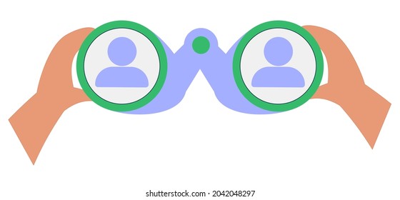 Hand gesture symbolizing binoculars, magnification, looking into the distance, point of view. Vision, prediction, look forward. Flat line vector illustration on yellow.