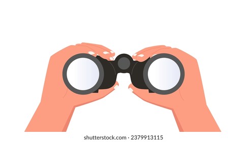 Hand gesture symbolizing binoculars, magnification, looking into the distance, point of view. Vision, prediction, look forward. Flat line vector illustration on yellow.