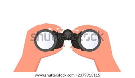 Hand gesture symbolizing binoculars, magnification, looking into the distance, point of view. Vision, prediction, look forward. Flat line vector illustration on yellow.