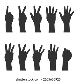 Hand gesture symbols set. Counting by bending fingers. Hands icons with finger count. Signs human hands. Silhouettes hands. Vector illustration