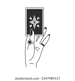 Hand Gesture with Tarot Card Line Icon. Elegant woman fingers with polished long nails rings holding prediction fortune telling symbol with star shape. Occult Esoteric vector illustration