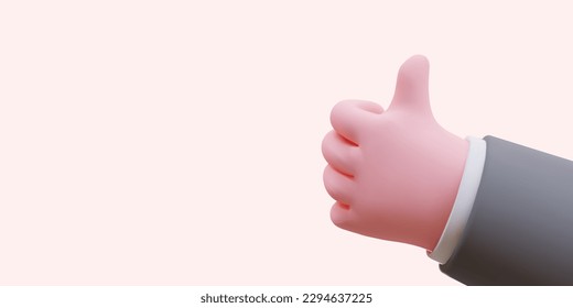 Hand gesture that means everything is great. 3d image thumbs up. Realistic 3D rendering of friendly finger gesture. Hand in office suit shows thumb up