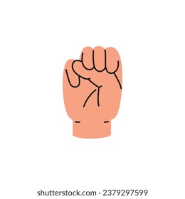 Hand, gesture with thumb inside, vector illustration isolated on white. Wrist, closed palm, letter M in American sign language. Drawing in simple flat cartoon style. Icon for assistive design.