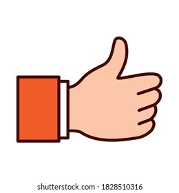 Hand gesture with thumb up over white background, line and fill style, vector illustration