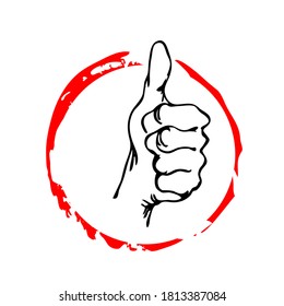 Hand gesture . Thumb up. Black sketch in a red circle.