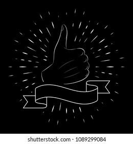 Hand gesture, thumb up, outline, against the background of linear rays. For the design of posters, banners, logos. Black background. 10 eps