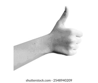 Hand gesture with thumb up, symbolizing positivity, approval, or agreement, isolated in retro halftone dot style. Nostalgic 1990s inspired design with vintage grunge texture.