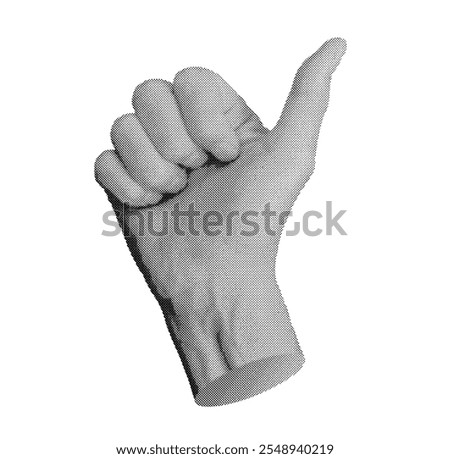 Hand gesture with thumb up, symbolizing approval, success, or agreement, isolated in retro halftone dot style. Nostalgic vintage design with grunge texture, inspired by 1990s