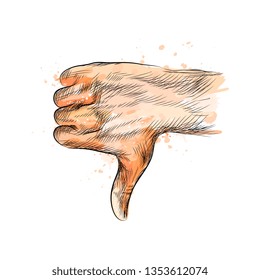 Hand gesture, thumbs down hand from a splash of watercolor, hand drawn sketch. Vector illustration of paints
