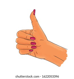 Hand gesture, thumbs up, pop art sketch. Hand drawn female asian hand with pink nails. Sticker, print design vector stock illustration isolated on white background. 