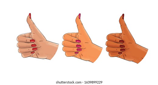 Hand gesture, thumbs up, pop art sketch, white, afro american, asian set. Hand drawn female white hand with red nails. Sticker, print design vector stock illustration isolated on white background. 