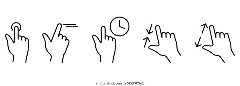 Hand gesture touch interaction tap swipe hold zoom pinch mobile interface icon set vector illustration user control motion.