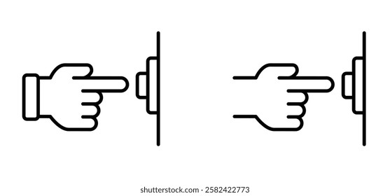Hand Gesture. Touch or pointing hand to door bell. Finger pressing, pushing or pointing at wall bell. Calling, ringing the doorbell. Hand push or pressed the bell button at the front door.