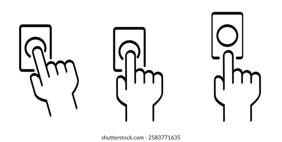 Hand Gesture. Touch or pointing hand to door bell. Finger pressing, pushing or pointing at wall bell. Calling, ringing the doorbell. Hand push or pressed the bell button at the front door.