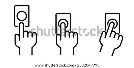 Hand Gesture. Touch or pointing hand to door bell. Finger pressing, pushing or pointing at wall bell. Calling, ringing the doorbell. Hand push or pressed the bell button at the front door.