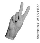 Hand gesture with two fingers forming a V sign, symbolizing victory, peace, or freedom. Isolated in retro halftone dot style, inspired by nostalgic 1990s vintage grunge