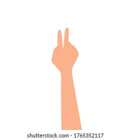 Gesto de mano, dos dedos arriba, paz. Ilustración vectorial, diseño de dibujos animados planos, color, eps 10. Concepto: gesticulación, decoración, yo mismo, puntuación, dos.