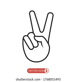 Hand gesture V  icon in line style, Hand showing victory sign isolated on white background, peace and love with fingers