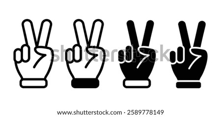 hand gesture V peace symbol sign icon vector design black white outline and black solid illustration set isolated