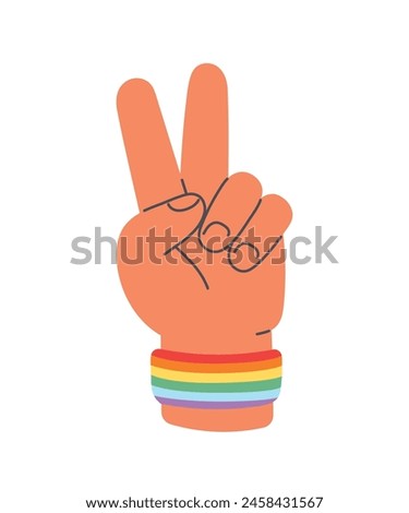 Hand gesture V sign for peace with rainbow wristband. Pride month. Flat cartoon style vector illustration isolated on white background