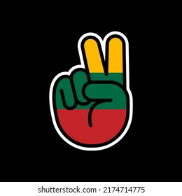 Hand gesture V sign of victory or peace line icon flag of Lithuania. Simple outline style for apps and websites.